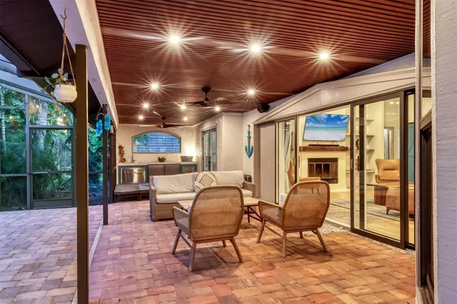 a view of a backyard with swimming pool