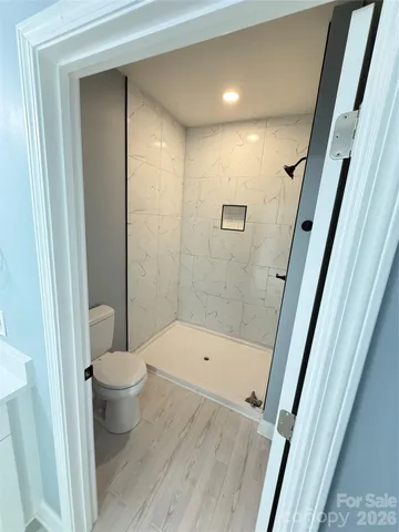 a bathroom with a shower and a toilet