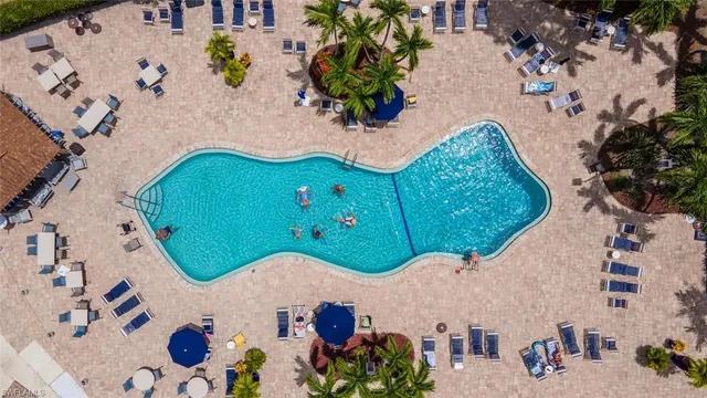 an aerial view of a swimming pool