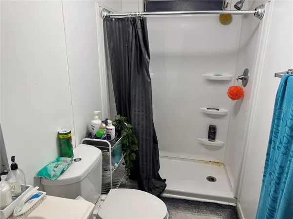 a bathroom with a shower and a toilet