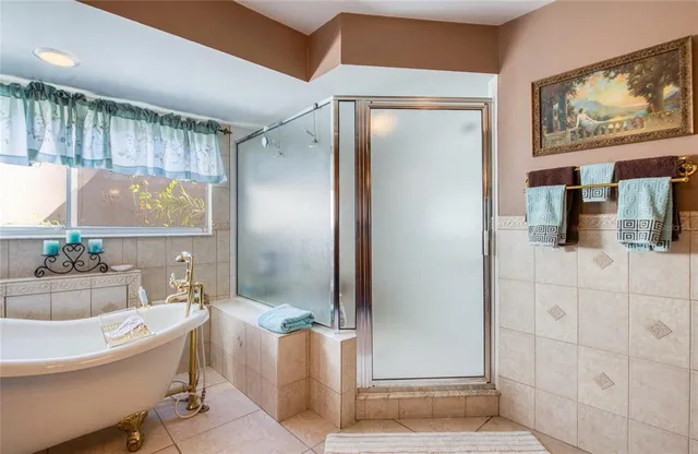 a bathroom with a bathtub and a shower