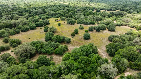 an aerial view of residential house with outdoor space and trees all around