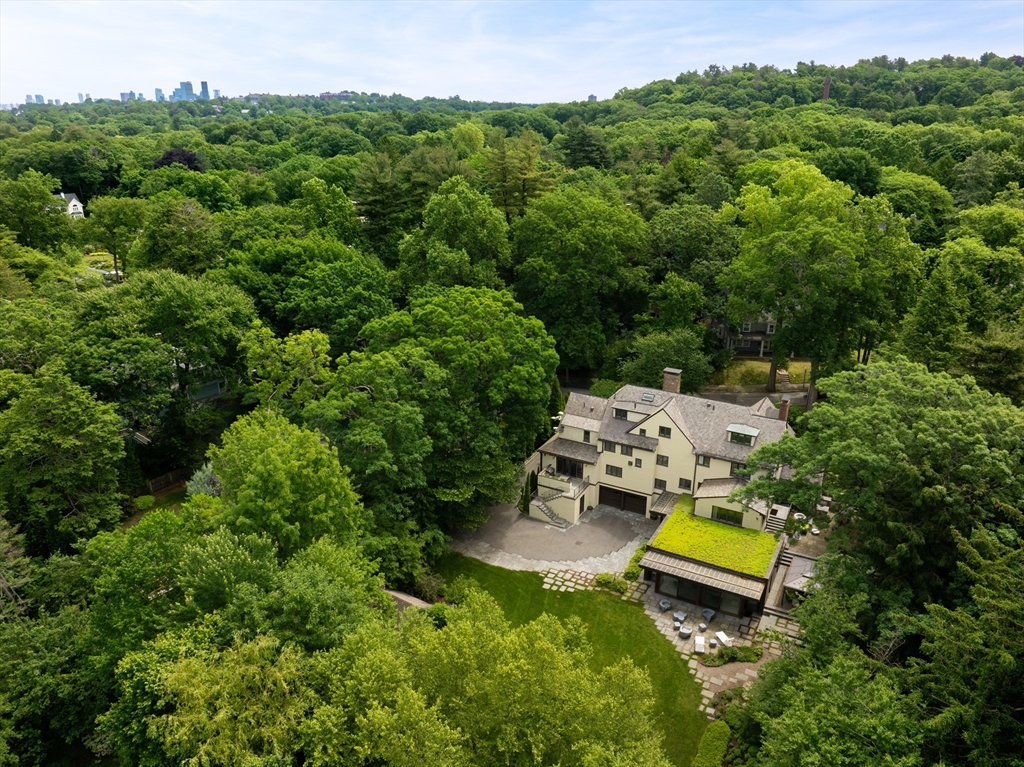 10 Spooner Road Brookline, MA 02467 - Photo 26 of 26 an aerial view of a backyard with table and chairs and a garden