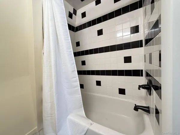 a bathroom with a bathtub and shower