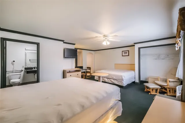 a spacious bedroom with two bed and a mirror