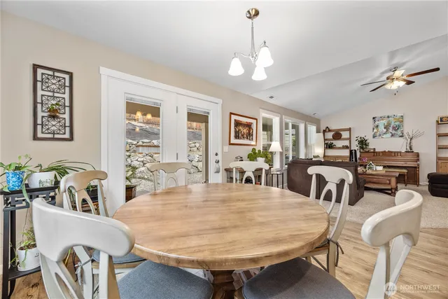 a view of a dining room with furniture