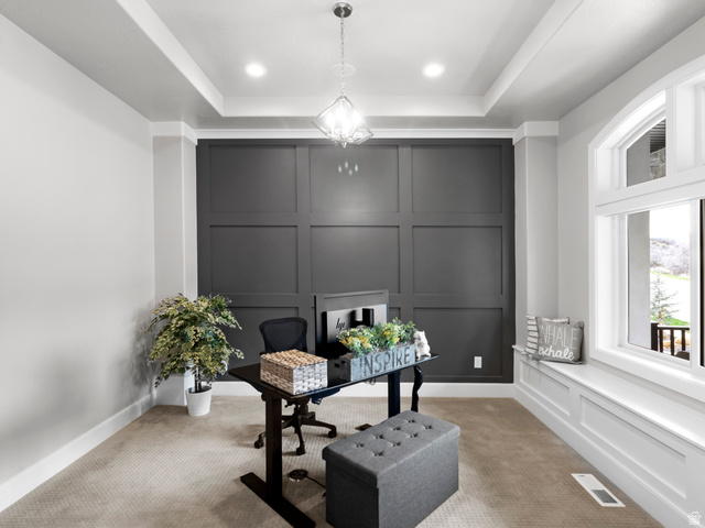 614 East High Lane Alpine, UT 84004 - Photo 51 of 75 Carpeted office space featuring a decorative wall, a raised ceiling, and suspended lighting