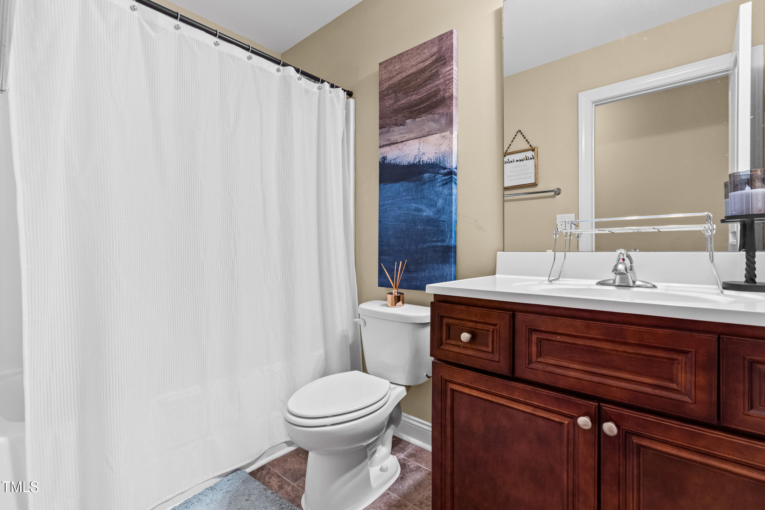 421 Angus Place Stem, NC 27581 - Photo 15 of 22 a bathroom with a sink a toilet a mirror and shower curtain