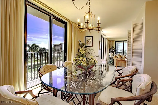 a view of a dining room with furniture window and outside view