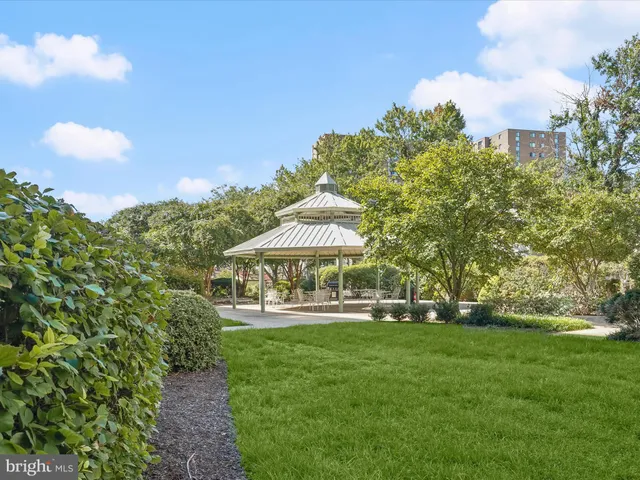 a view of a park with chairs and floor to ceiling window