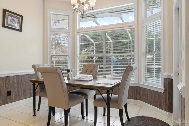 a view of a dining room with furniture window and outside view