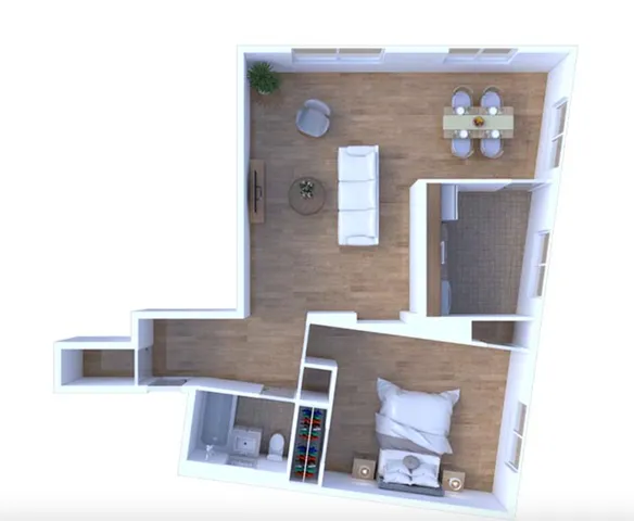 a building view with table and couch