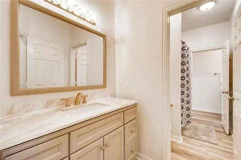 a bathroom with a sink and a mirror