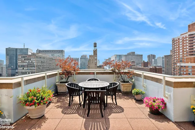a view of a terrace with chairs and potted plants