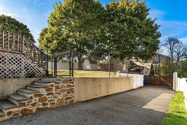 a view of a backyard with large trees