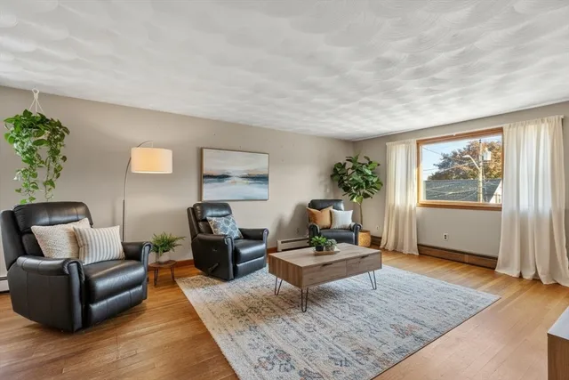 a living room with furniture and a potted plant