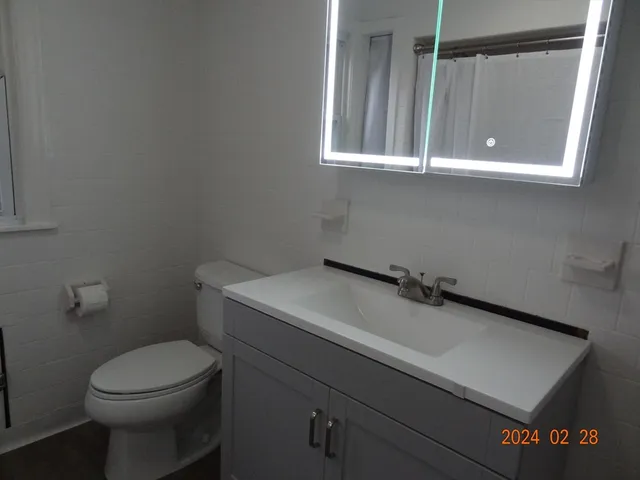 a bathroom with a sink a toilet and a mirror