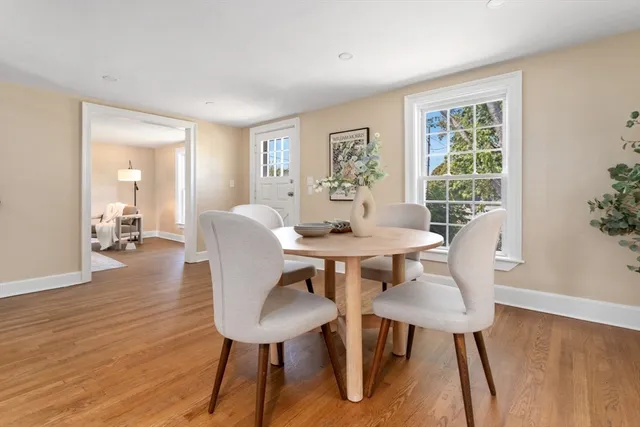 a view of a dining room with furniture window and wooden floor