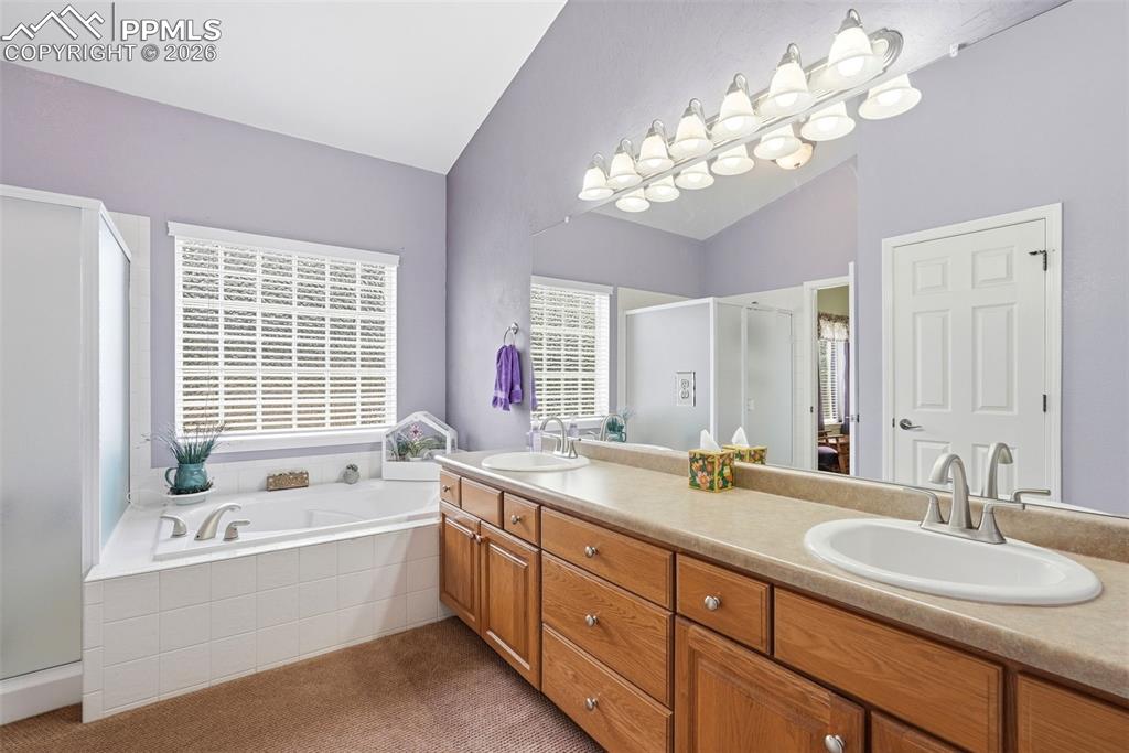 16261 Hobson Place Monument, CO 80132 - Photo 28 of 50 a bathroom with double vanity sinks a tub double vanity and a mirror