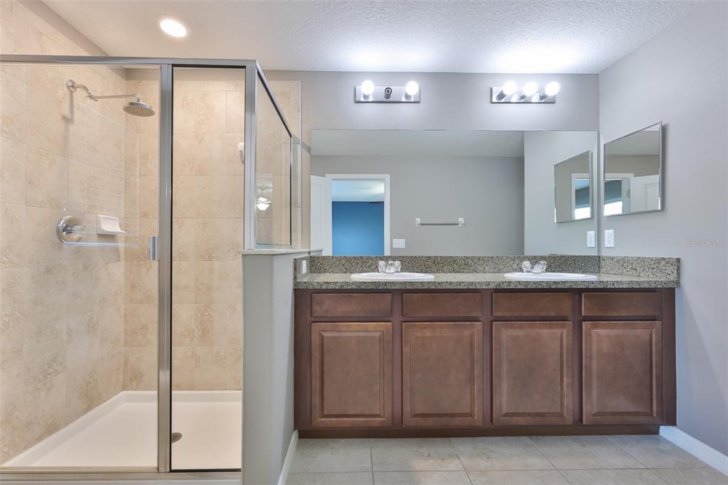 6330 Lantern View Place Apollo Beach, FL 33572 - Photo 26 of 64 a bathroom with a granite countertop sink a mirror and a shower