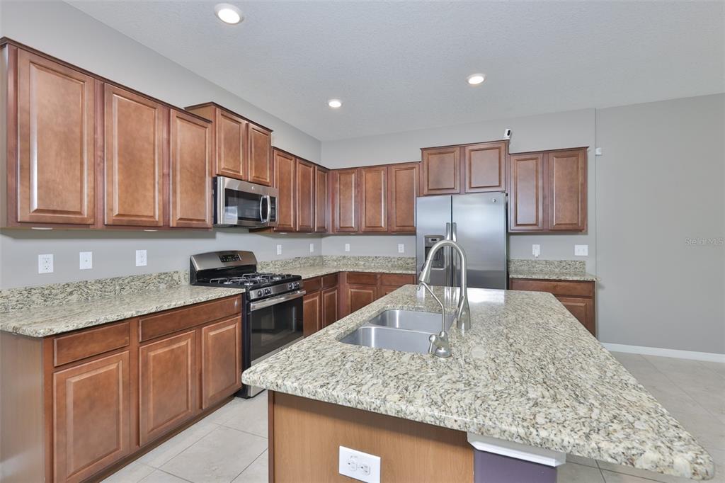 6330 Lantern View Place Apollo Beach, FL 33572 - Photo 8 of 64 a kitchen with kitchen island granite countertop a stove sink and cabinets