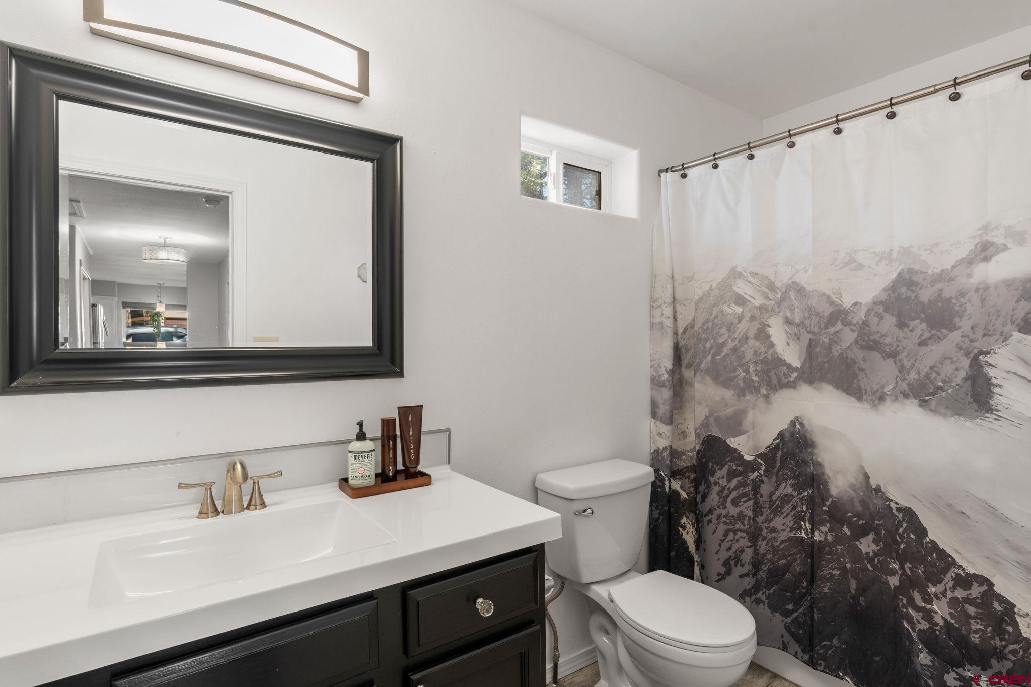 31 Valley View Way Durango, CO 81303 - Photo 18 of 29 a bathroom with a sink a toilet a mirror and shower curtain