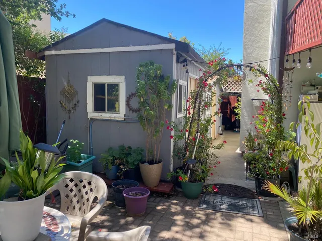a flower potted plant in front of a house