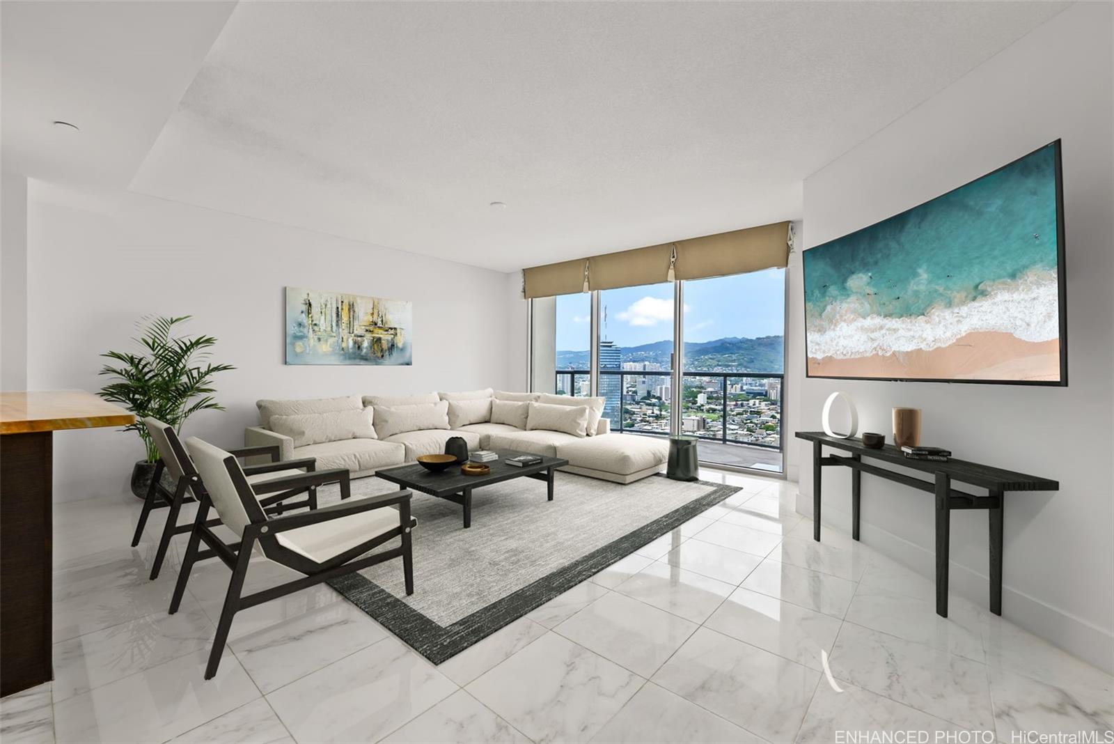 a living room with furniture a floor to ceiling window and a flat screen tv