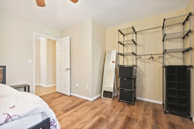 a view of a patio with wooden floor