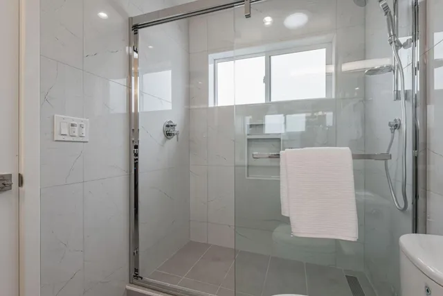a bathroom with a shower and a toilet