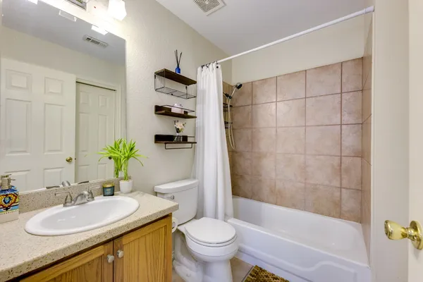a view of a balcony with furniture and a potted plant