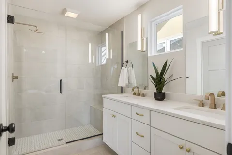 a bathroom with a granite countertop sink a mirror a potted plant and a shower