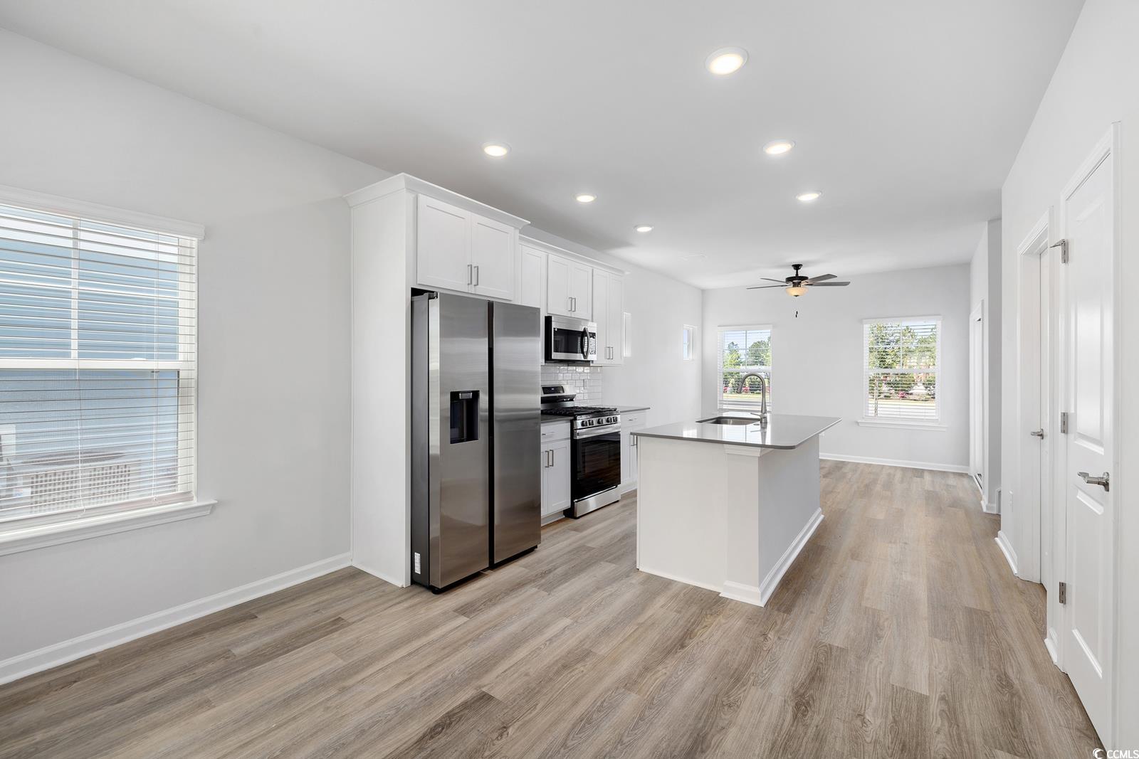 283 Ferretti Street, Unit CONCORD Myrtle Beach, SC 29579 - Photo 19 of 34 Kitchen with appliances with stainless steel finishes, light wood-type flooring, recessed lighting, white cabinetry, and baseboards