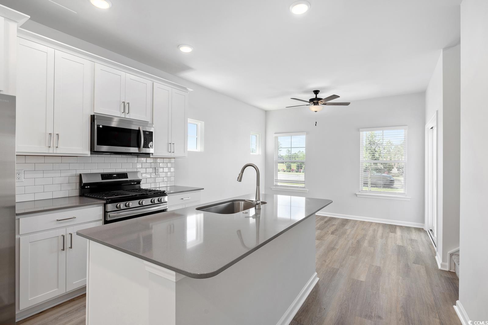 283 Ferretti Street, Unit CONCORD Myrtle Beach, SC 29579 - Photo 20 of 34 Kitchen with stainless steel appliances, a sink, ceiling fan, backsplash, and light wood-style flooring
