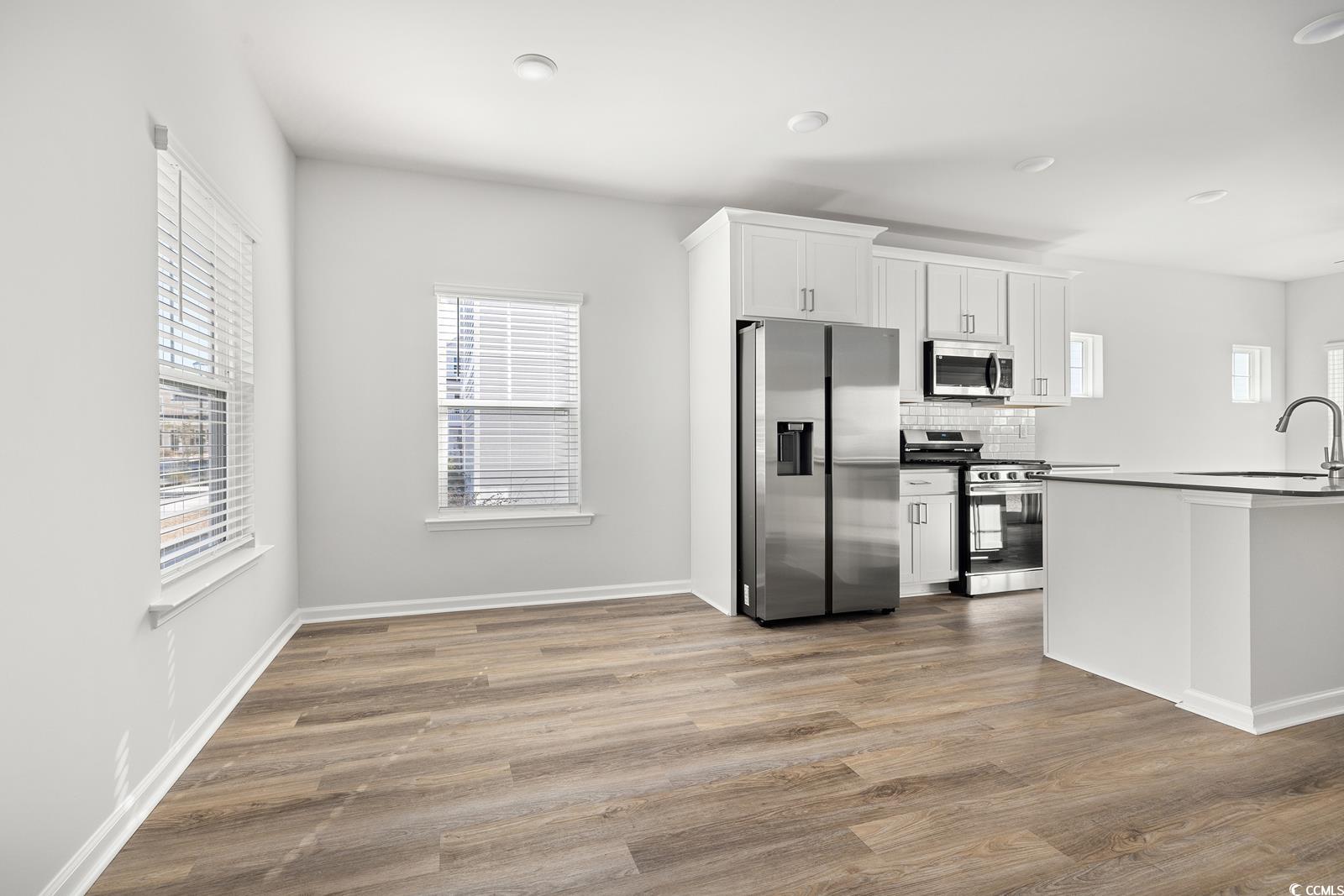 283 Ferretti Street, Unit CONCORD Myrtle Beach, SC 29579 - Photo 32 of 34 Kitchen featuring appliances with stainless steel finishes, a sink, wood finished floors, white cabinetry, and dark countertops