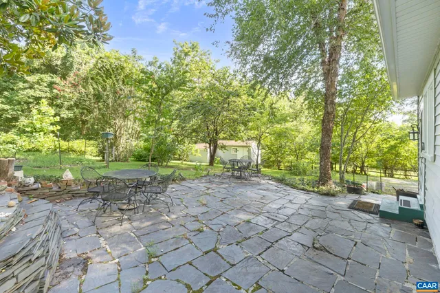 a view of a yard with plants and a trees