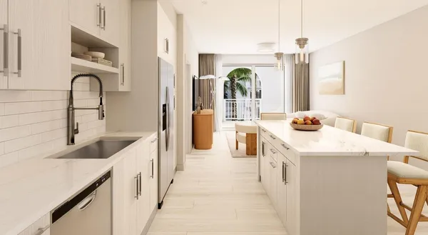 a kitchen with a sink and refrigerator