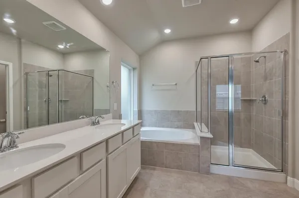 a bathroom with a shower sink vanity and mirror