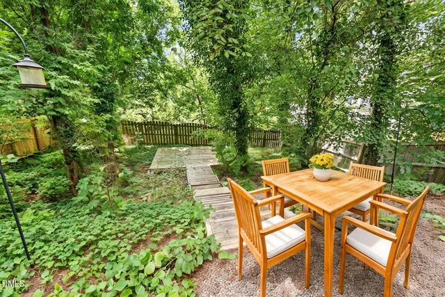 a backyard of a house with table and chairs