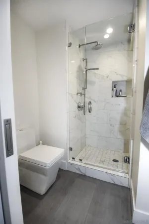a bathroom with a toilet and a shower