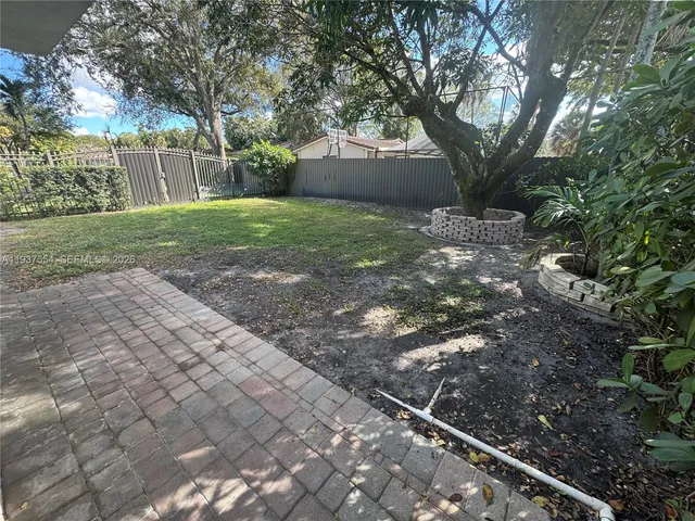 a view of a yard with potted plants and large trees