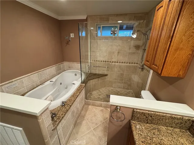 a bathroom with a bathtub and a shower