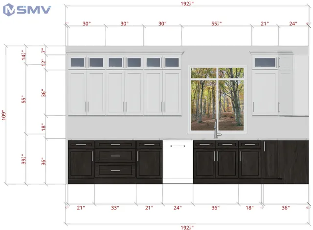 a view of a black and white wooden cabinets
