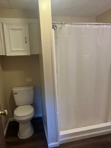 a white toilet sitting next to a shower