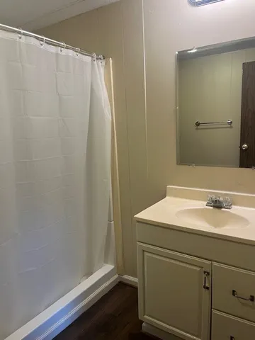 a bathroom with a sink and a mirror