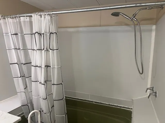 a bathroom with a shower and a tub