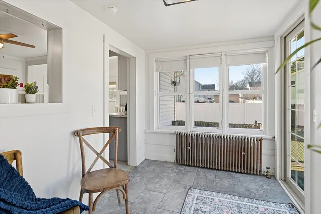 a view of a room with windows