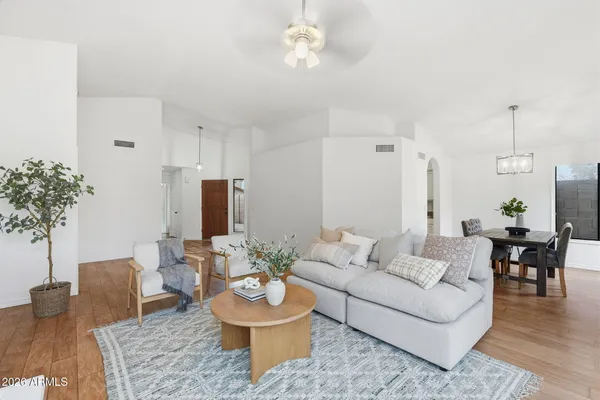 a living room with furniture and a potted plant