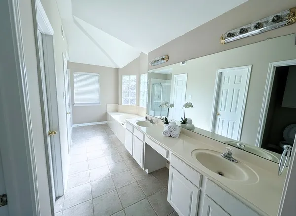 a bathroom with a double vanity sink a mirror and a