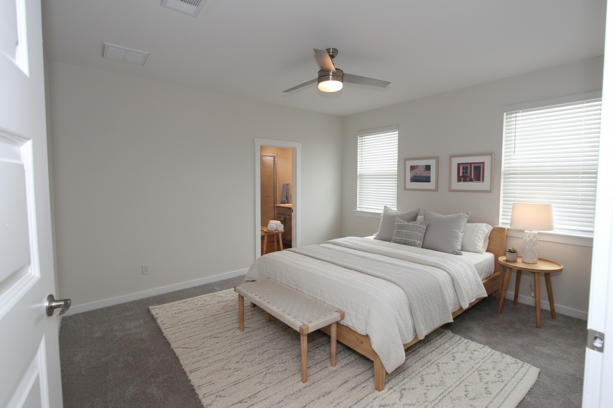 100 Century Plant Road Leander, TX 78641 - Photo 13 of 36 A well-lit bedroom features plush carpeting and a modern ceiling fan, offering a private retreat.